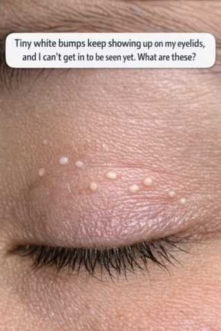 Tiny white bumps keep showing up on my eyelids, and I can’t get in to be seen yet. What are these?
