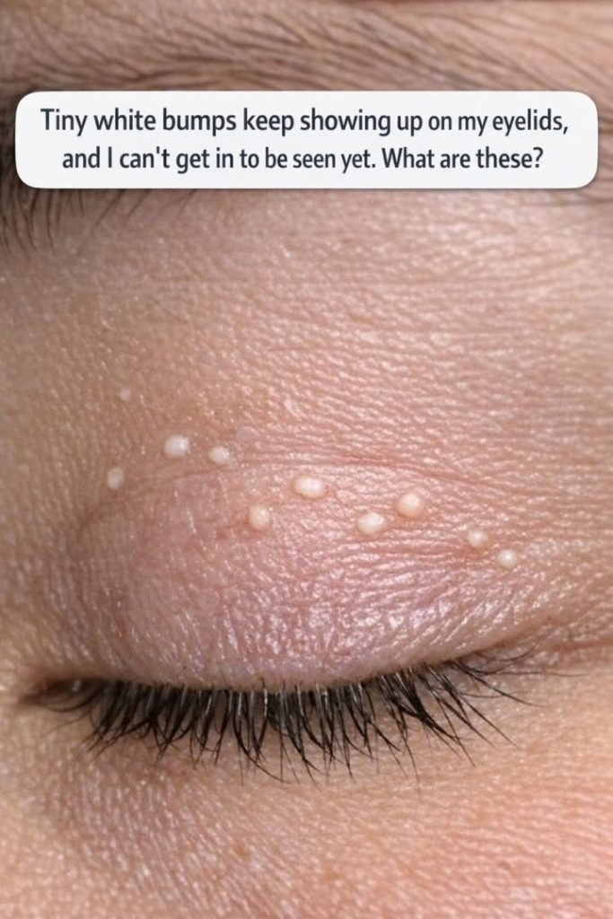 Tiny white bumps keep showing up on my eyelids, and I can’t get in to be seen yet. What are these?